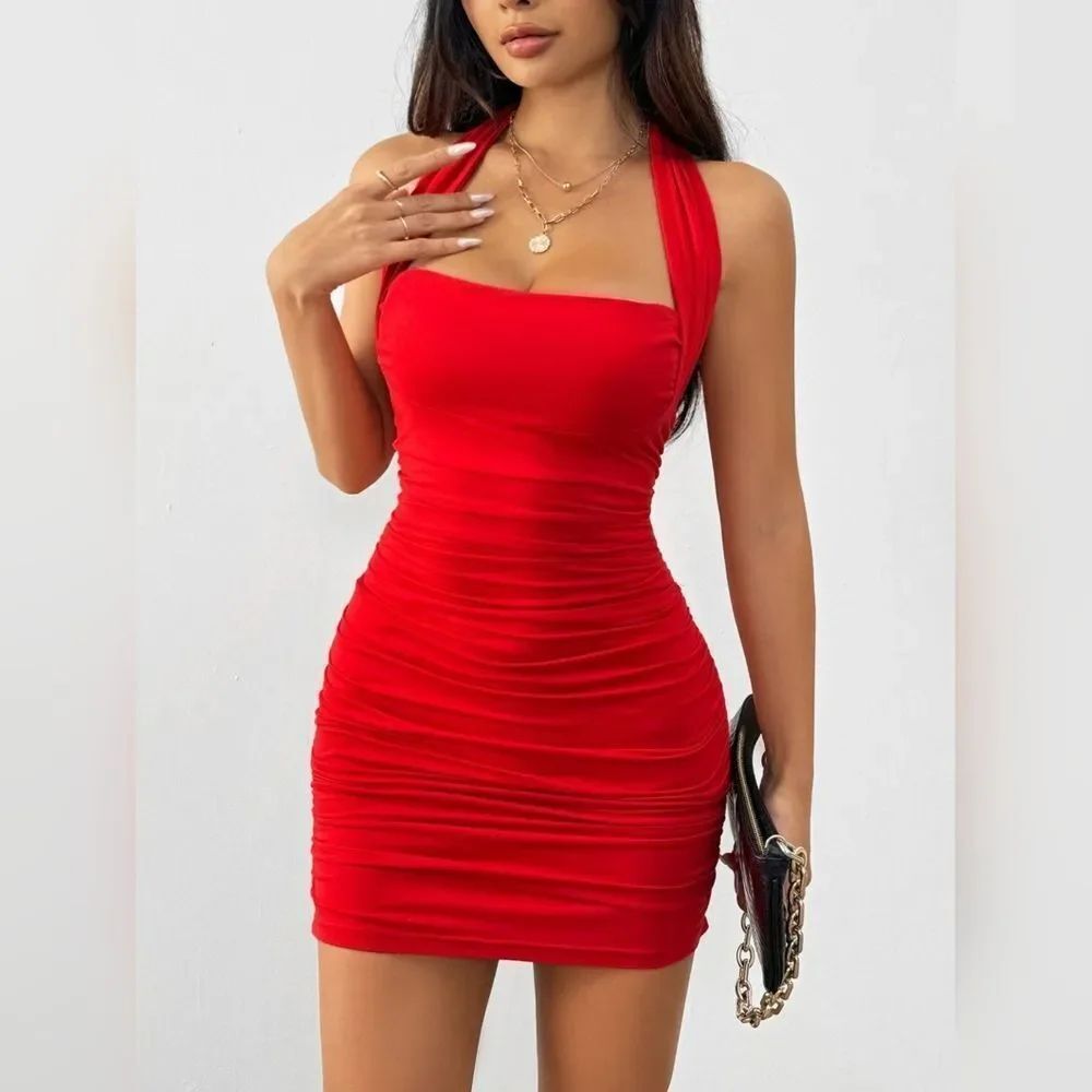 Club Party Wear Sexy Red Halter Ruched Bodycon Dress - Women